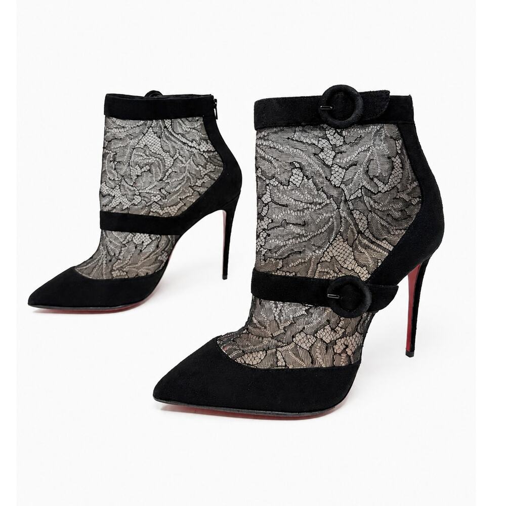 Christian Louboutin Black Lace Mesh Suede Ankle Boot Heels Womens Size EU 38